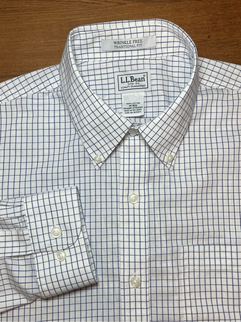 L.L. Bean Men Med Wrinkle Free Traditional Fit Dress Shirt Plaid Checkered Blue